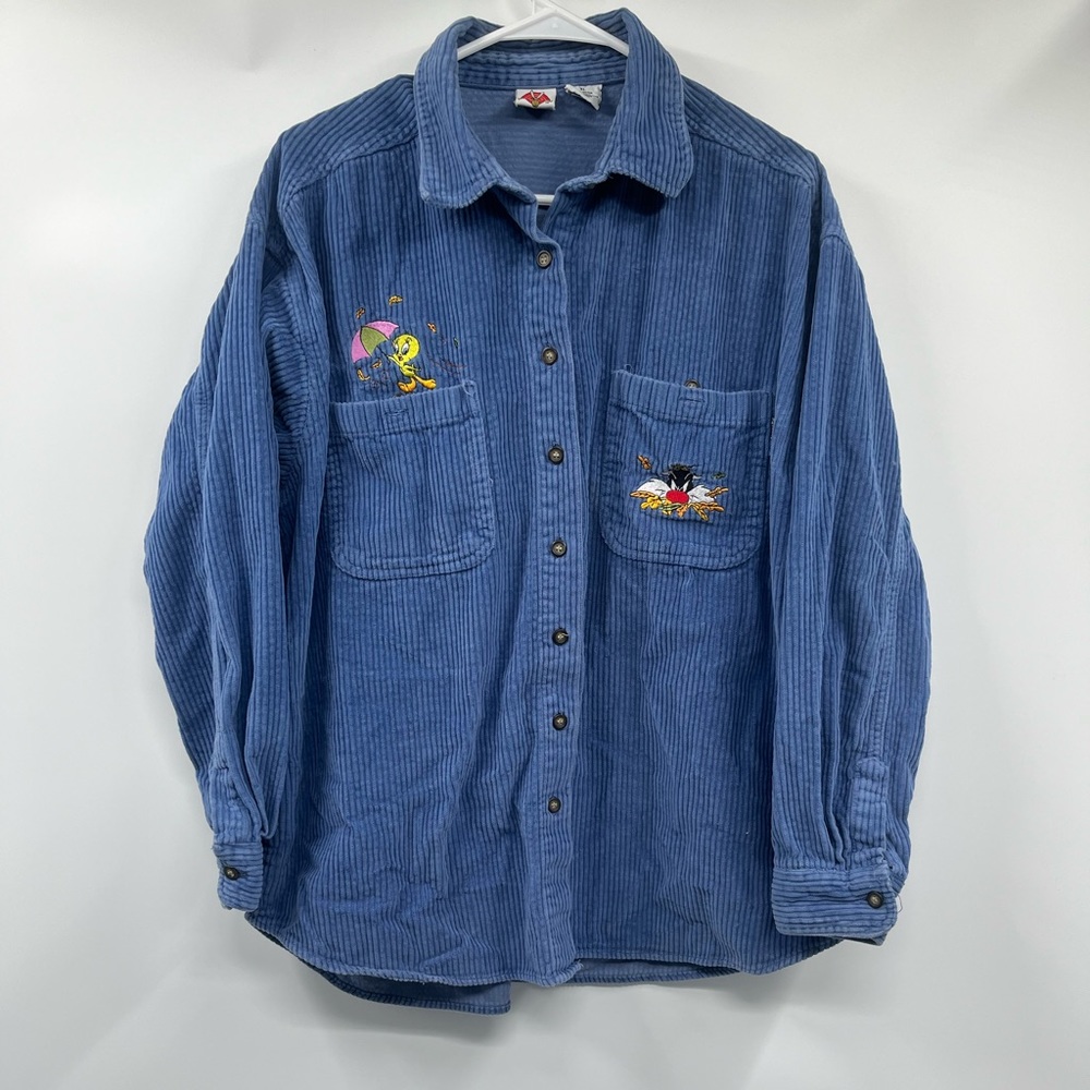 Vintage Looney Tunes Shirt Mens XL Blue Corduroy Button Down